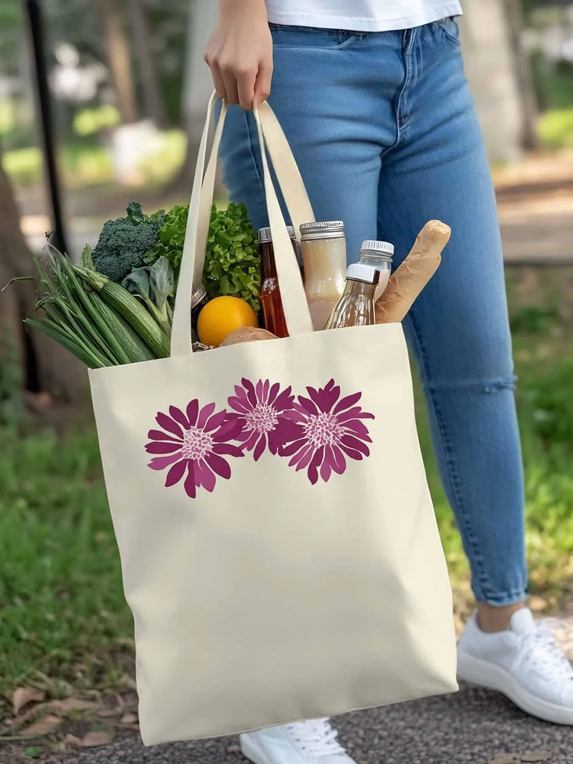 Purple Botanical Flowers Canvas Tote Bag, Aesthetic Canvas Tote Handbags for Women Shoulder Bag