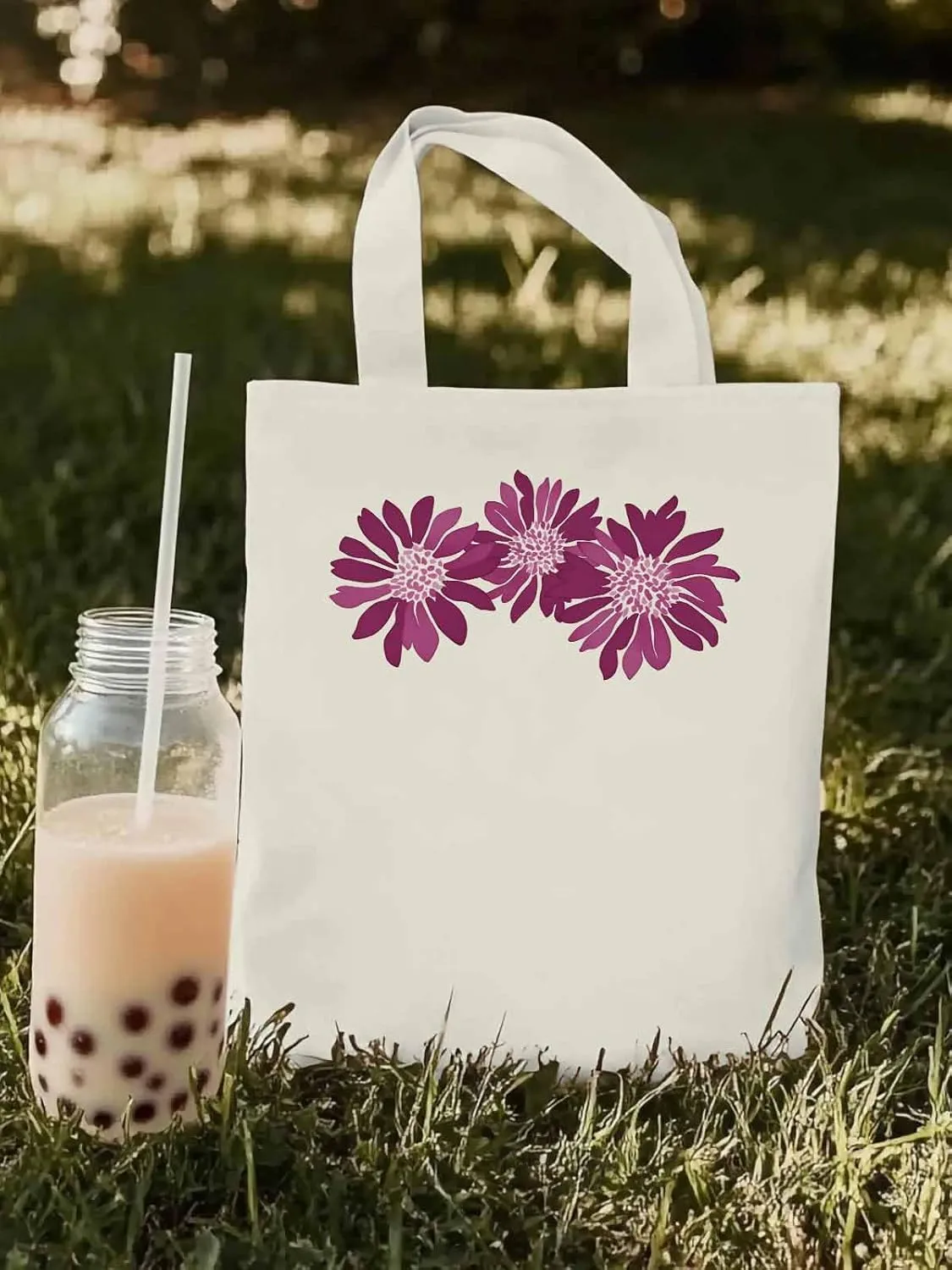Purple Botanical Flowers Canvas Tote Bag, Aesthetic Canvas Tote Handbags for Women Shoulder Bag