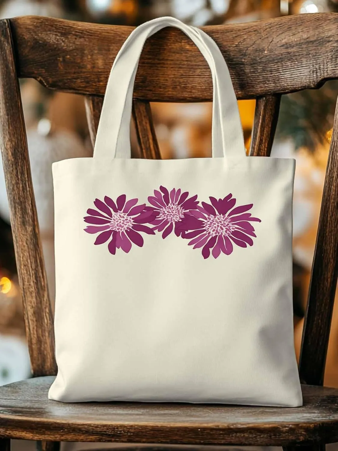 Purple Botanical Flowers Canvas Tote Bag, Aesthetic Canvas Tote Handbags for Women Shoulder Bag