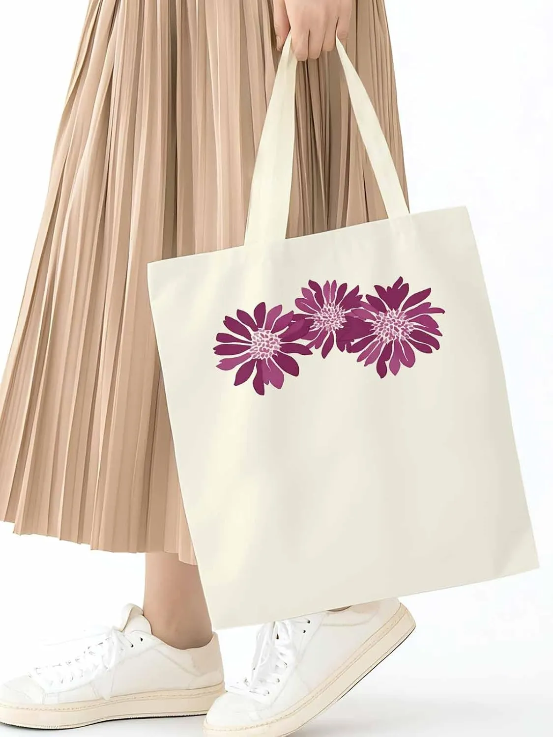 Purple Botanical Flowers Canvas Tote Bag, Aesthetic Canvas Tote Handbags for Women Shoulder Bag