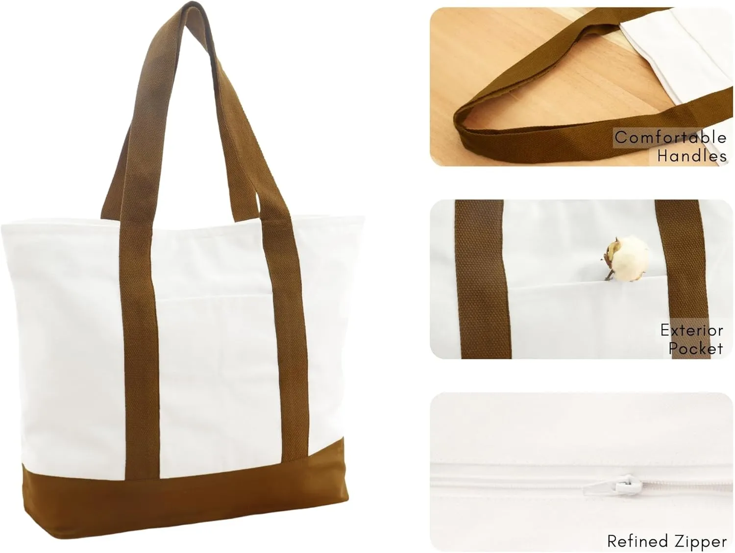 PurpleEssences Heavy Duty Canvas Tote Bag with External Pocket and Top Zipper Closure, Ideal for Women Daily Essentials