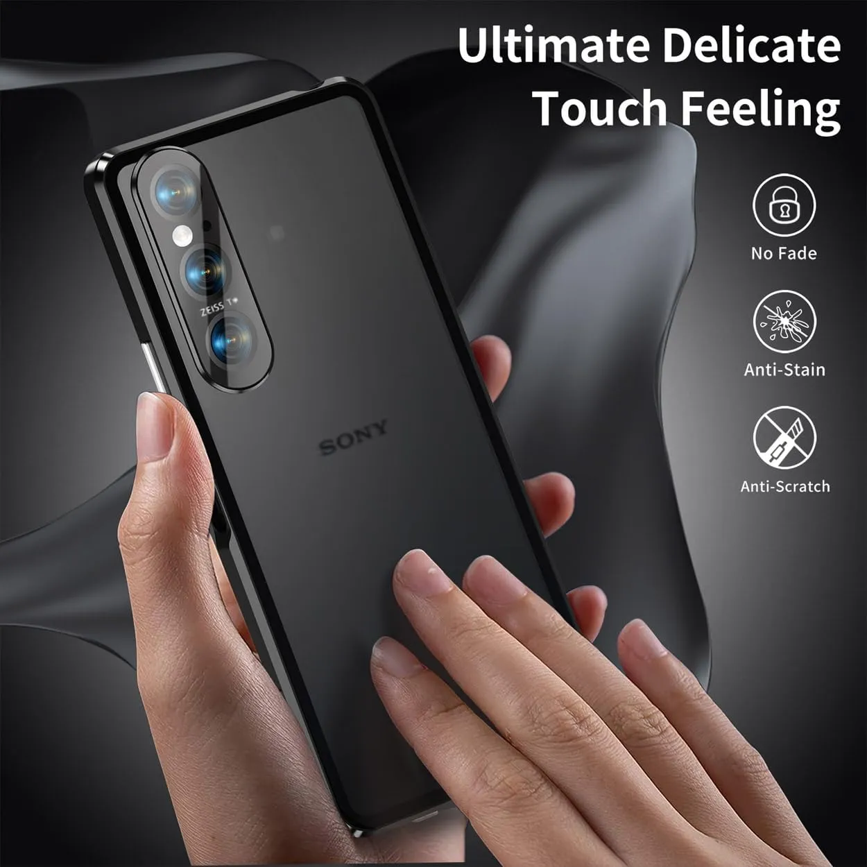 QUIETIP Case Compatible with Sony Xperia 1 VI 5G,Magnetic Body Metal Frame Double Sided Clear Tempered Glass Cover,Black