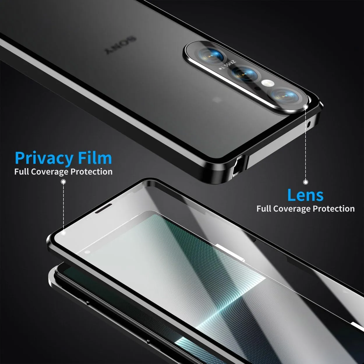 QUIETIP Case Compatible with Sony Xperia 1 VI 5G,Magnetic Body Metal Frame Double Sided Clear Tempered Glass Cover,Black