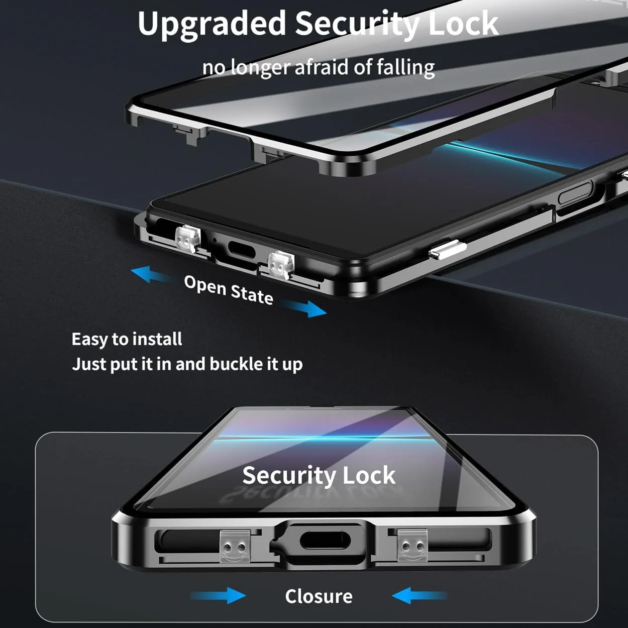 QUIETIP Case Compatible with Sony Xperia 1 VI 5G,Magnetic Body Metal Frame Double Sided Clear Tempered Glass Cover,Black