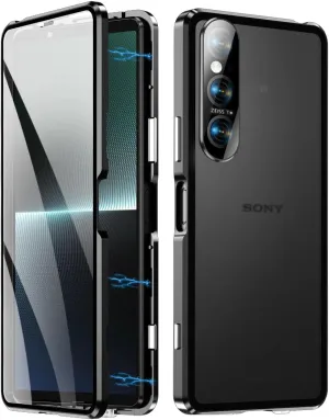 QUIETIP Case Compatible with Sony Xperia 1 VI 5G,Magnetic Body Metal Frame Double Sided Clear Tempered Glass Cover,Black