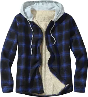 Quilted Lined Flannel Shirt Jacket for Men Hooded Zipper Pocket Long Sleeve Shirt Patchwork Flannel Shirt for Men