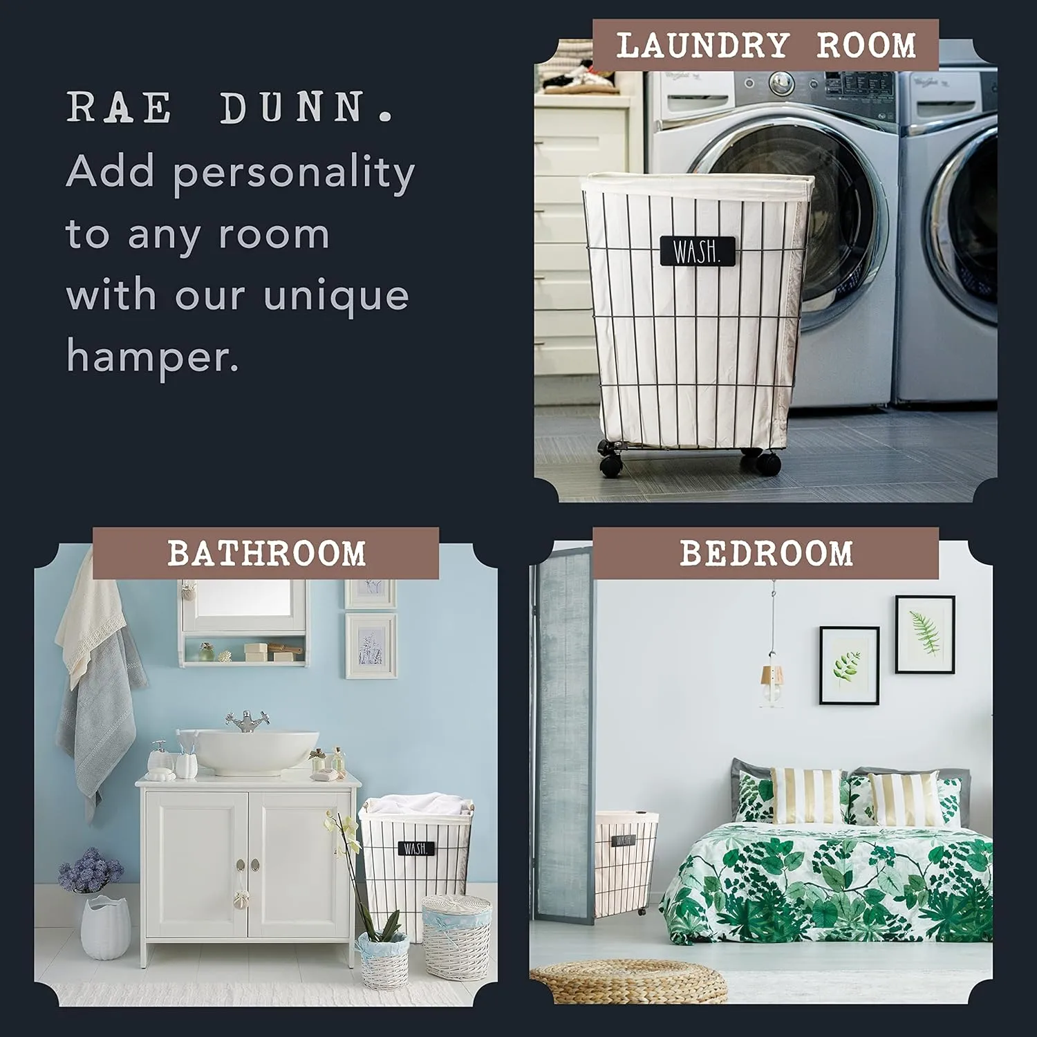 Rae Dunn Heavy Duty Laundry Hamper on Wheels (Wash) - Galvanized Metal Wire Basket with Liner - Portable Laundry Basket with Removable, Washable Cloth Liner - Laundry Room Accessories