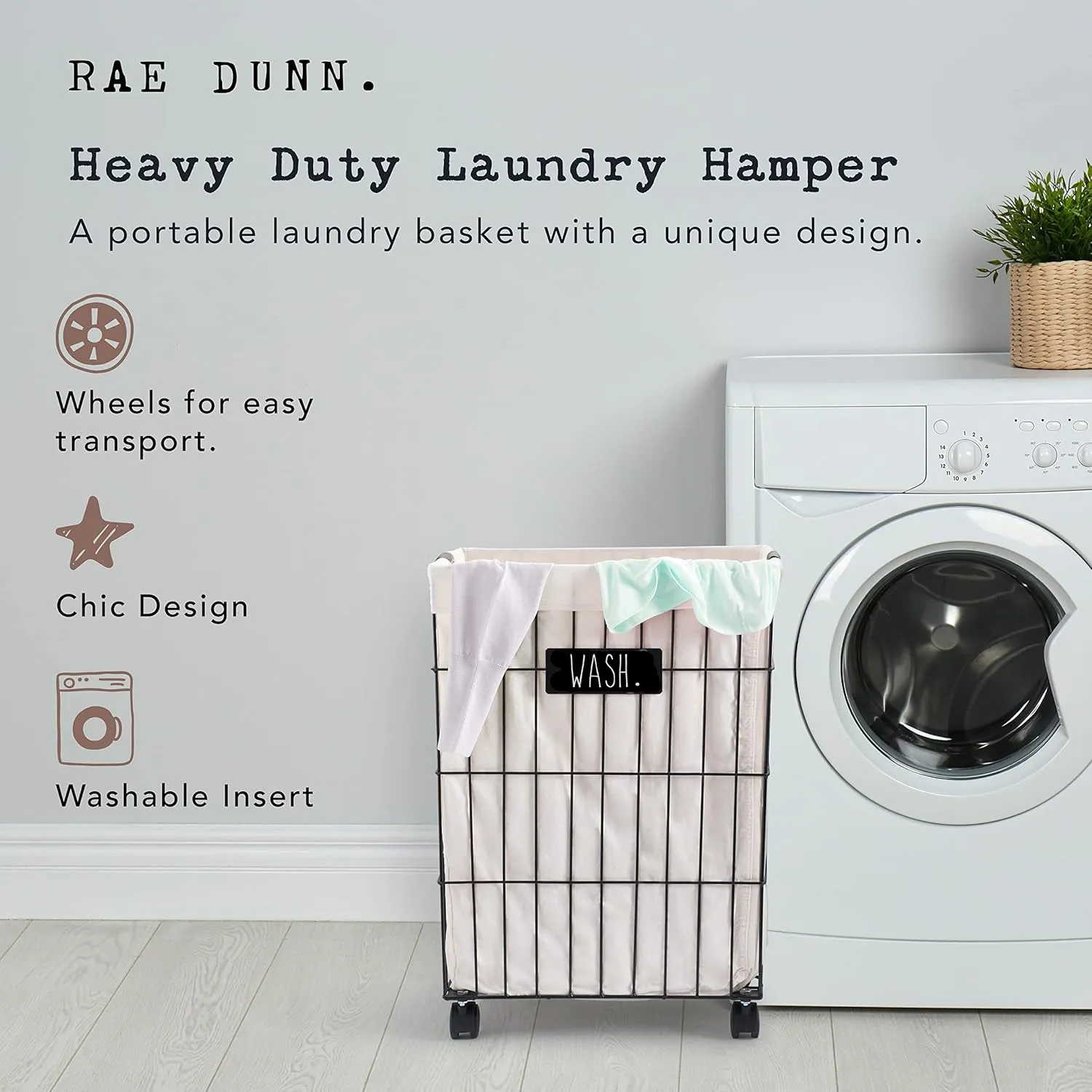 Rae Dunn Heavy Duty Laundry Hamper on Wheels (Wash) - Galvanized Metal Wire Basket with Liner - Portable Laundry Basket with Removable, Washable Cloth Liner - Laundry Room Accessories