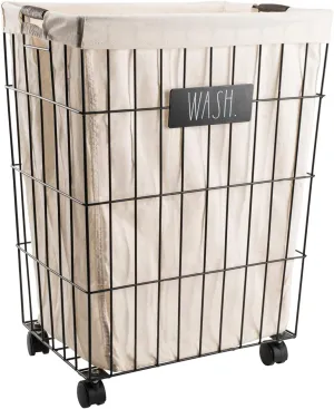 Rae Dunn Heavy Duty Laundry Hamper on Wheels (Wash) - Galvanized Metal Wire Basket with Liner - Portable Laundry Basket with Removable, Washable Cloth Liner - Laundry Room Accessories