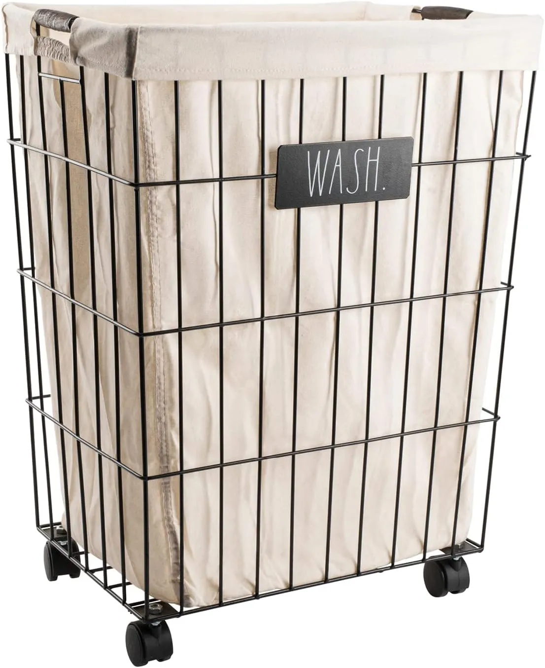 Rae Dunn Heavy Duty Laundry Hamper on Wheels (Wash) - Galvanized Metal Wire Basket with Liner - Portable Laundry Basket with Removable, Washable Cloth Liner - Laundry Room Accessories