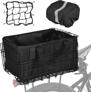 Rear Bike Basket Folding Bike Basket Large Quickly Release Metal Bike Rack Baskets Heavy Duty Rear Rack Bike Baskets with Cargo Net, Removable Liner Bag & Rainproof Cover