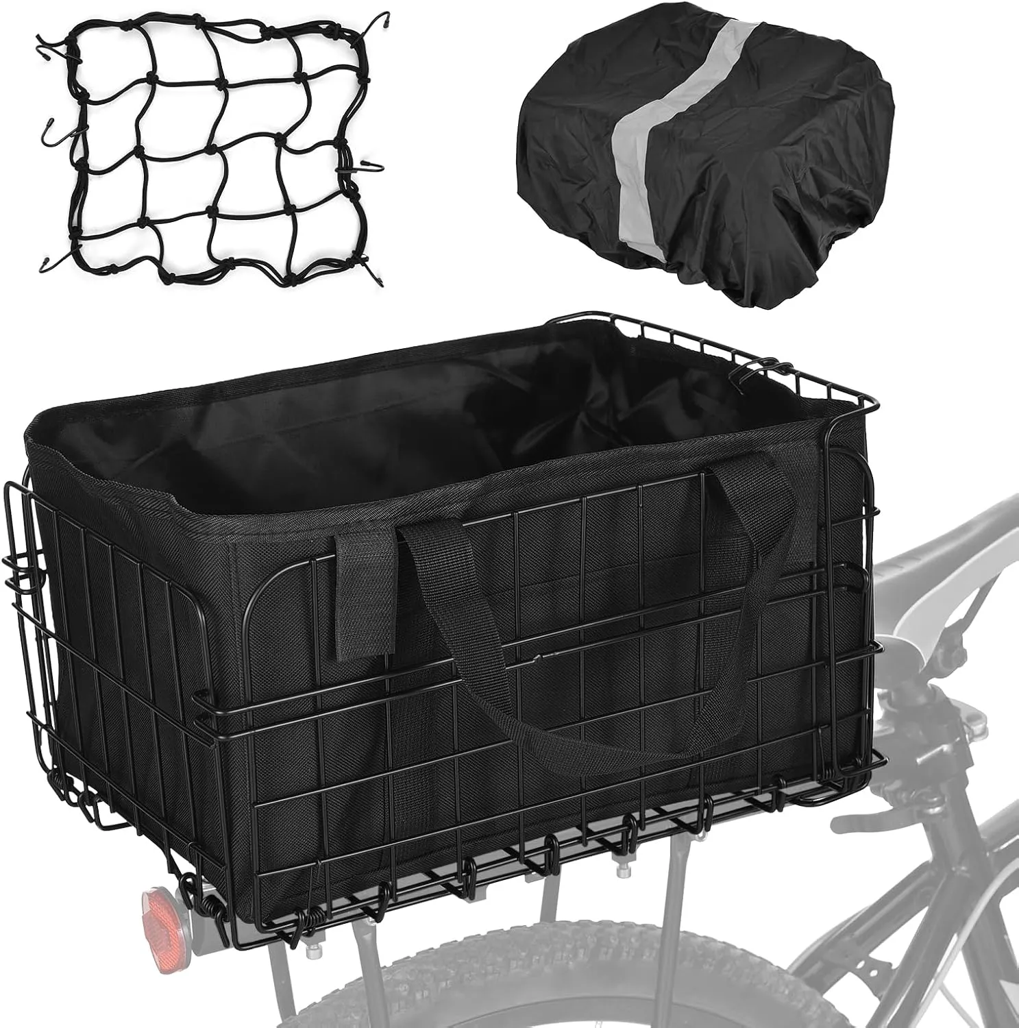 Rear Bike Basket Folding Bike Basket Large Quickly Release Metal Bike Rack Baskets Heavy Duty Rear Rack Bike Baskets with Cargo Net, Removable Liner Bag & Rainproof Cover