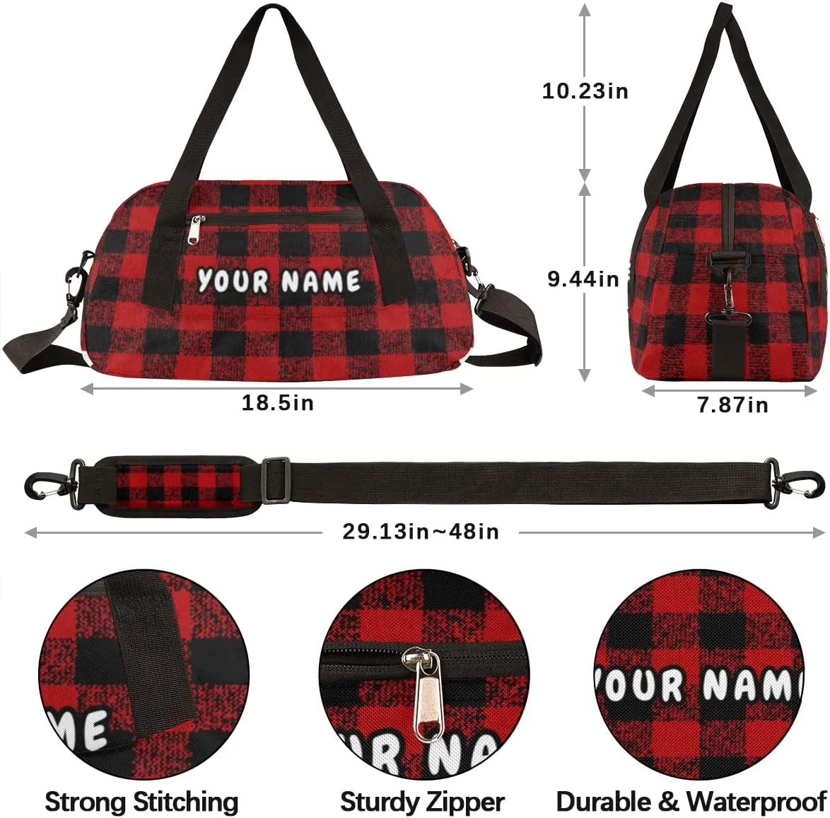 Red Black Buffalo Plaid Personalized Kids Duffel Bag for Girls Boys, Buffalo Plaid Custom Name Dance Bag Overnight Small Duffel Bag Carry On Sports Travel Bag for School Practice Gymnastics Ballet