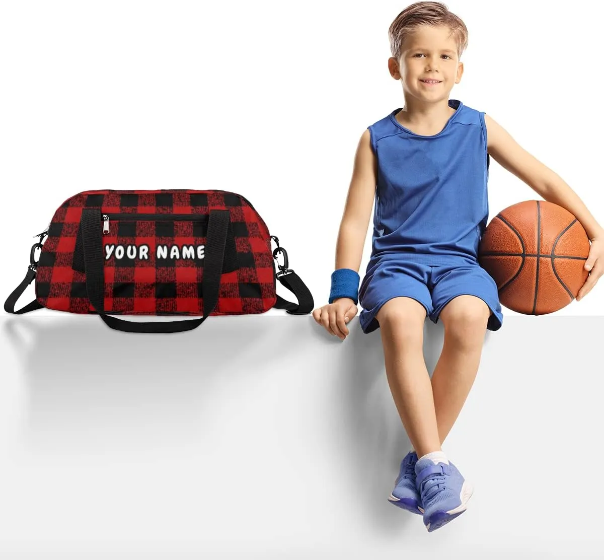 Red Black Buffalo Plaid Personalized Kids Duffel Bag for Girls Boys, Buffalo Plaid Custom Name Dance Bag Overnight Small Duffel Bag Carry On Sports Travel Bag for School Practice Gymnastics Ballet
