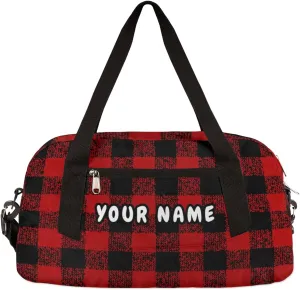 Red Black Buffalo Plaid Personalized Kids Duffel Bag for Girls Boys, Buffalo Plaid Custom Name Dance Bag Overnight Small Duffel Bag Carry On Sports Travel Bag for School Practice Gymnastics Ballet