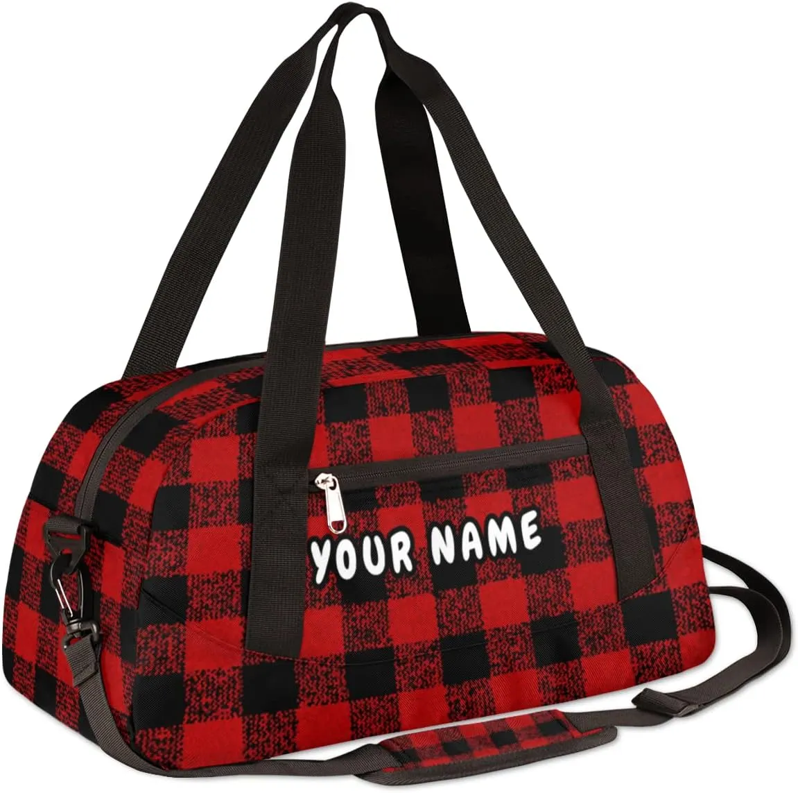 Red Black Buffalo Plaid Personalized Kids Duffel Bag for Girls Boys, Buffalo Plaid Custom Name Dance Bag Overnight Small Duffel Bag Carry On Sports Travel Bag for School Practice Gymnastics Ballet