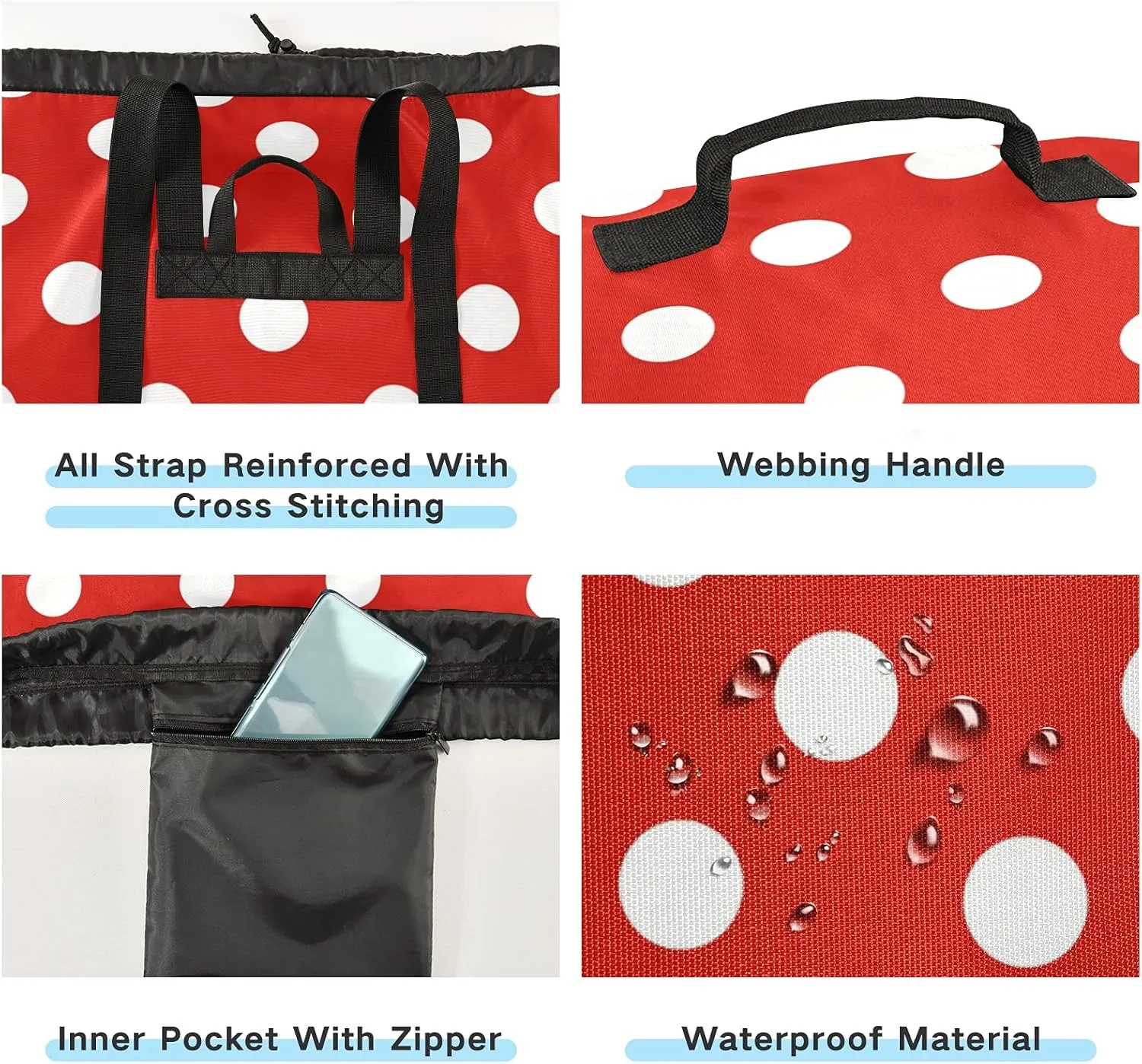 Red Polka Dot Laundry Bag Large Heavy Duty Laundry Backpack with Shoulder Straps Waterproof Laundry bag for Traveling Camp Dirty Clothes Organizer for College Students