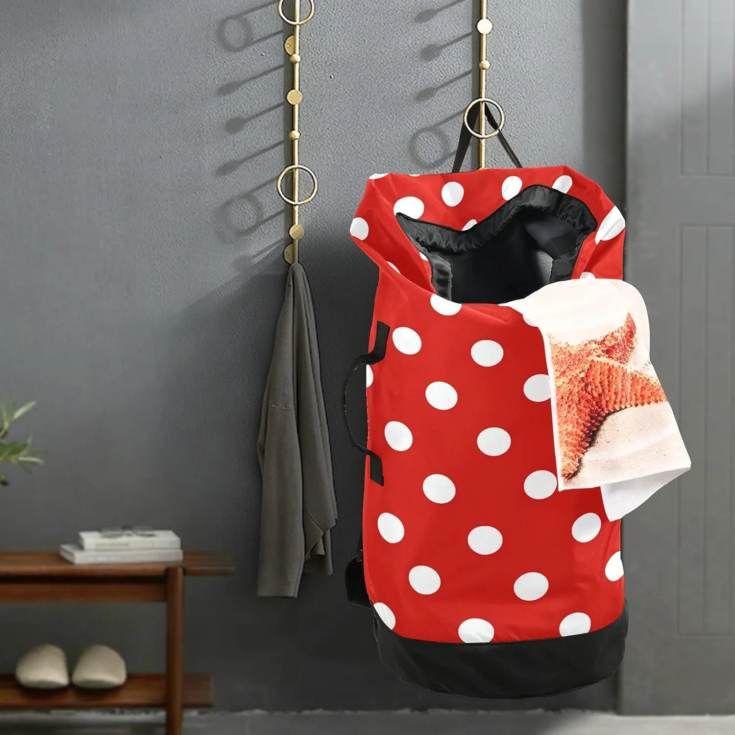 Red Polka Dot Laundry Bag Large Heavy Duty Laundry Backpack with Shoulder Straps Waterproof Laundry bag for Traveling Camp Dirty Clothes Organizer for College Students