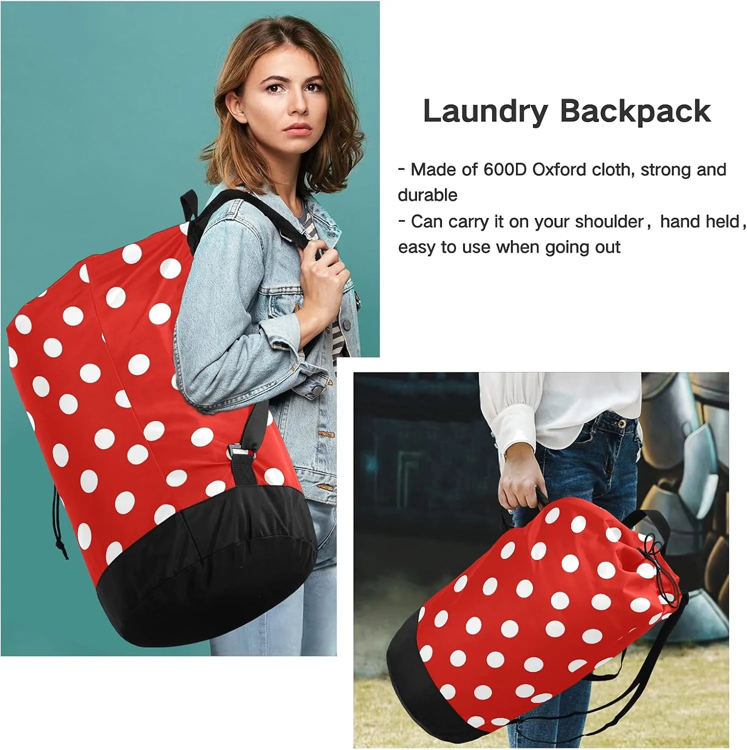 Red Polka Dot Laundry Bag Large Heavy Duty Laundry Backpack with Shoulder Straps Waterproof Laundry bag for Traveling Camp Dirty Clothes Organizer for College Students