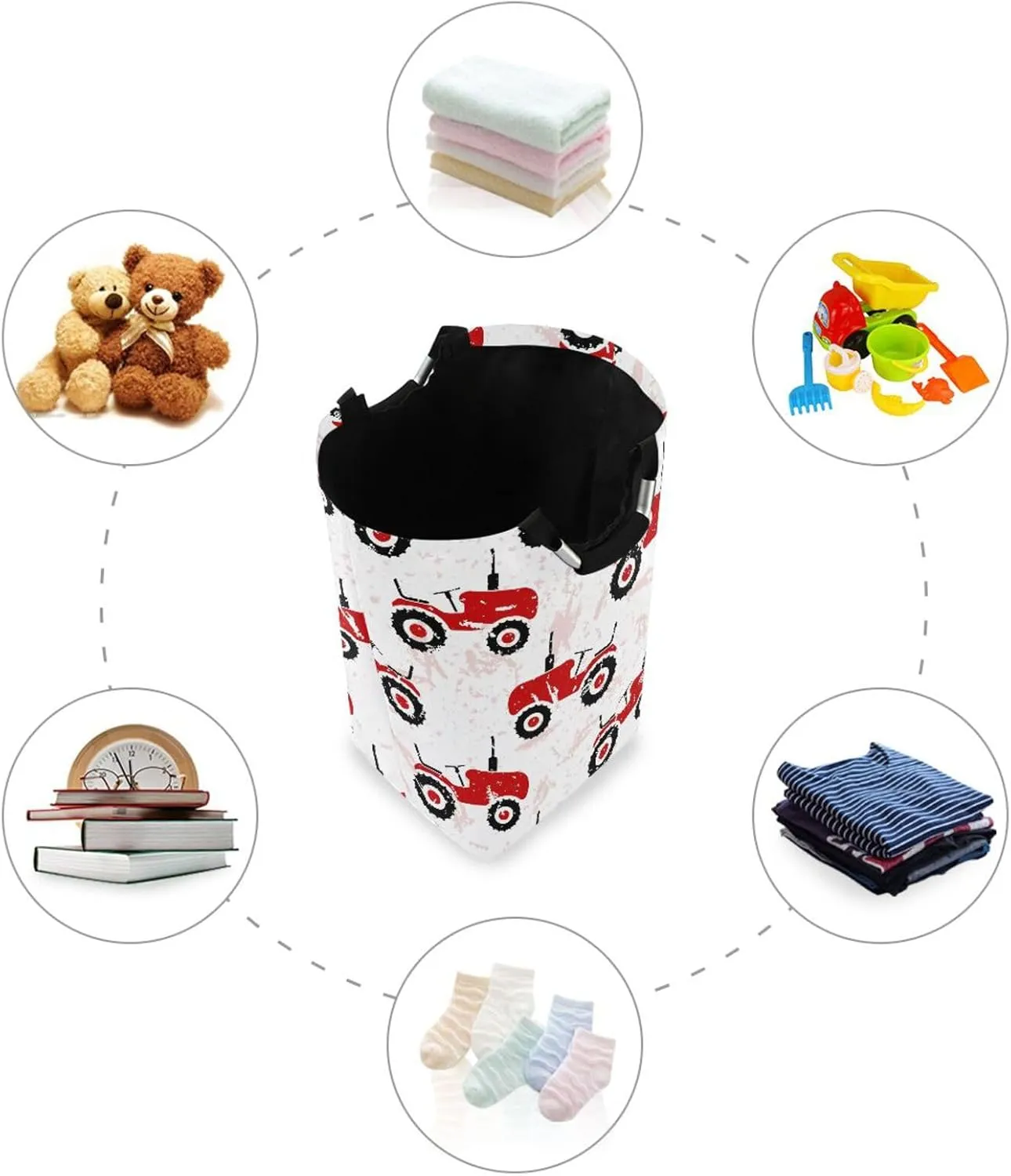 Red Wheeled Tractors Cars Large Laundry Baskets Washing Hamper Bag Cute Transport Truck Dirty Clothes Storage Bin Toy book Clothing Holder With Handles For Home Bathroom Bedroom 50L