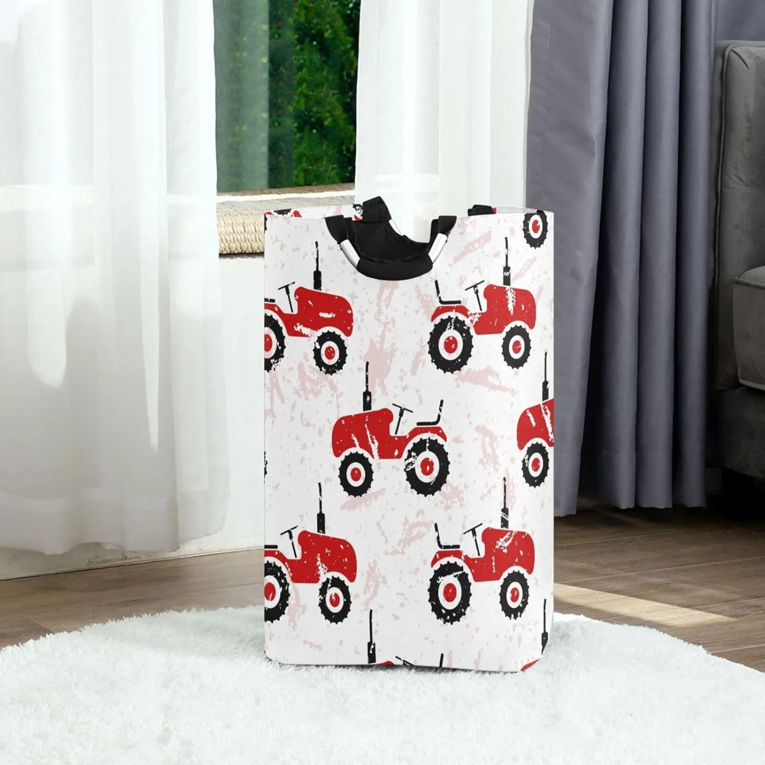 Red Wheeled Tractors Cars Large Laundry Baskets Washing Hamper Bag Cute Transport Truck Dirty Clothes Storage Bin Toy book Clothing Holder With Handles For Home Bathroom Bedroom 50L