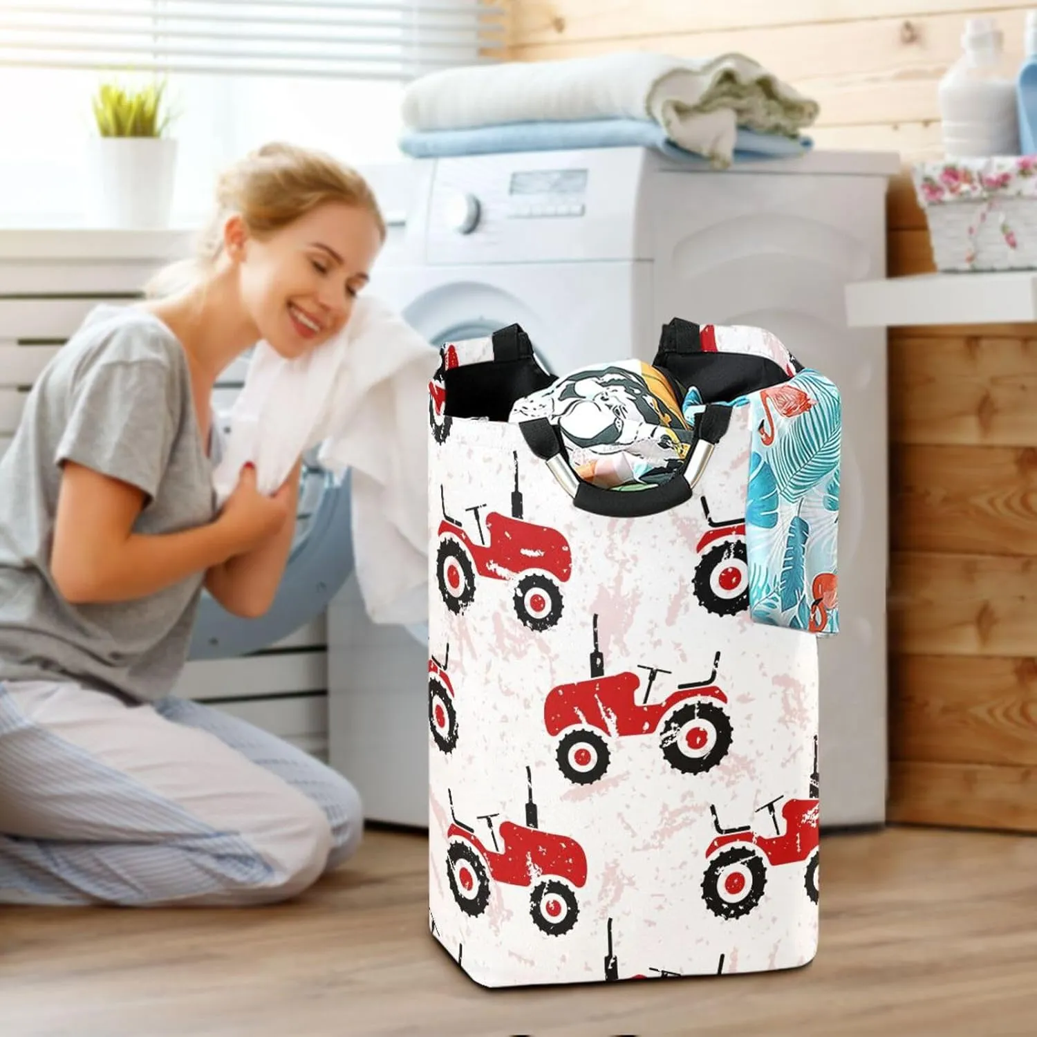 Red Wheeled Tractors Cars Large Laundry Baskets Washing Hamper Bag Cute Transport Truck Dirty Clothes Storage Bin Toy book Clothing Holder With Handles For Home Bathroom Bedroom 50L