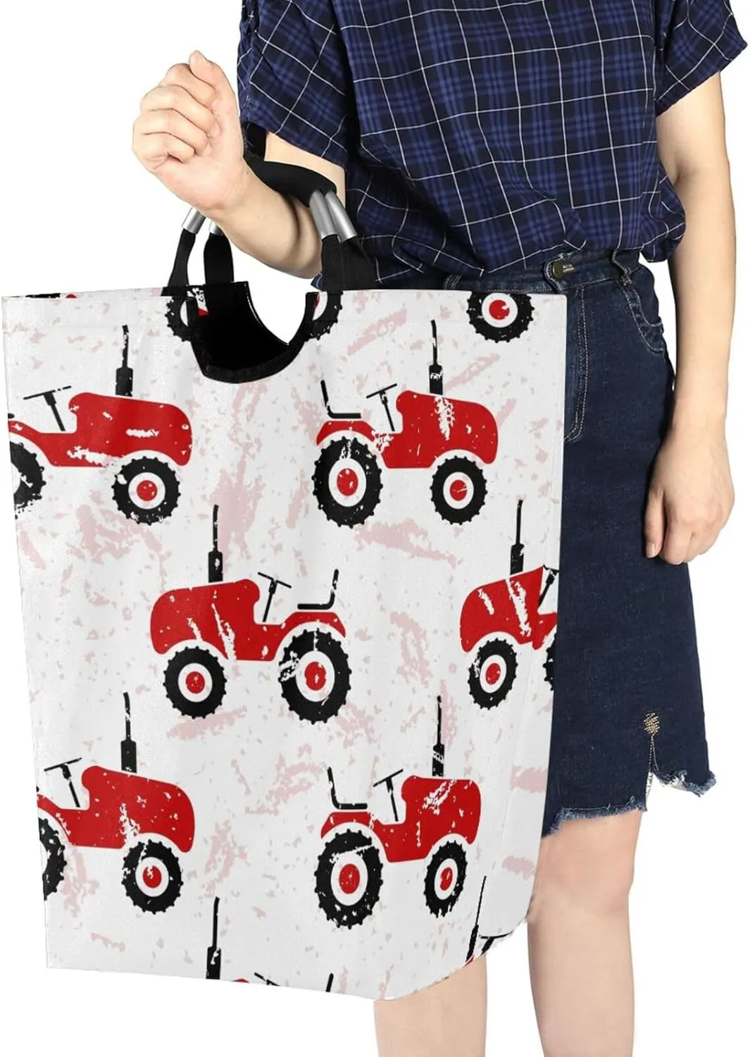 Red Wheeled Tractors Cars Large Laundry Baskets Washing Hamper Bag Cute Transport Truck Dirty Clothes Storage Bin Toy book Clothing Holder With Handles For Home Bathroom Bedroom 50L