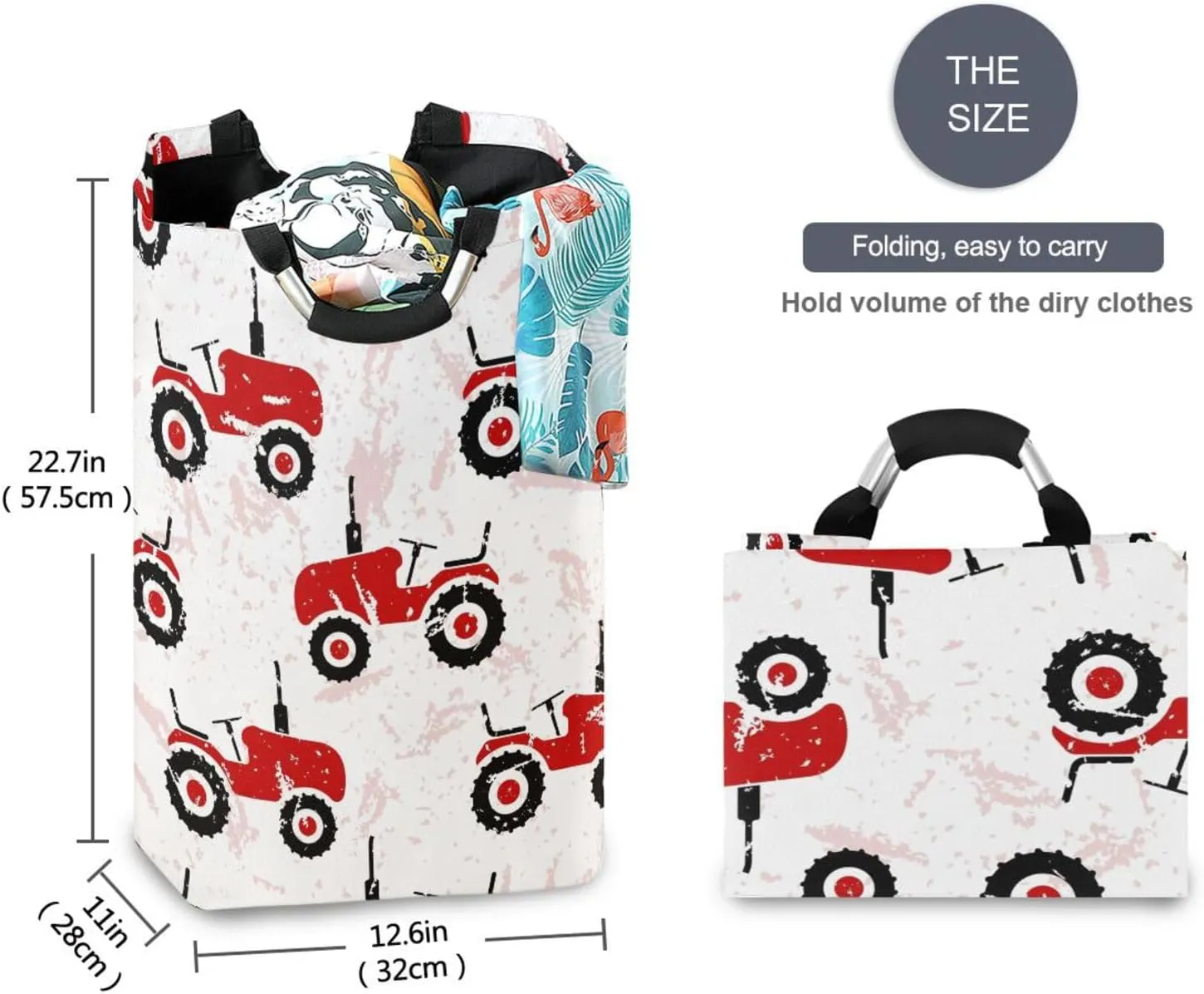 Red Wheeled Tractors Cars Large Laundry Baskets Washing Hamper Bag Cute Transport Truck Dirty Clothes Storage Bin Toy book Clothing Holder With Handles For Home Bathroom Bedroom 50L