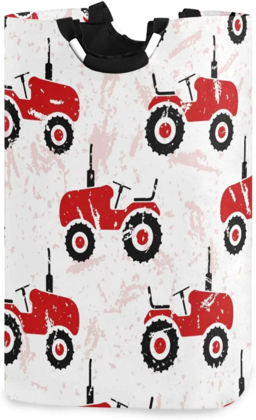 Red Wheeled Tractors Cars Large Laundry Baskets Washing Hamper Bag Cute Transport Truck Dirty Clothes Storage Bin Toy book Clothing Holder With Handles For Home Bathroom Bedroom 50L