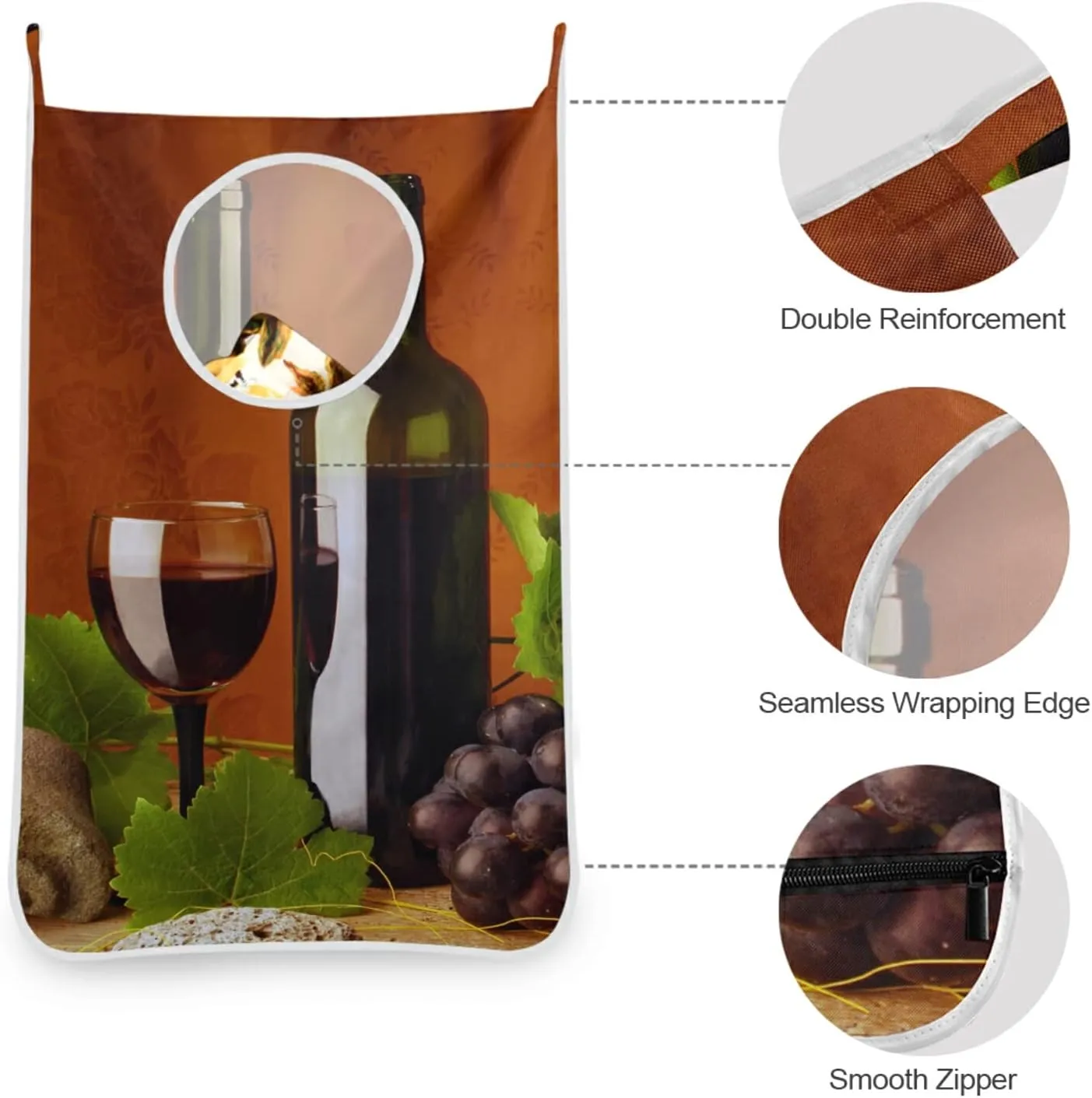 Red Wine Bottle Grapes with Green Leaves Antique Stones Retro Style Hanging Laundry Hamper Bag, Dirty Clothes Basket Bag with Hooks Bag Space Saving, For Bathroom, Bedroom, Storage, Behind Doors
