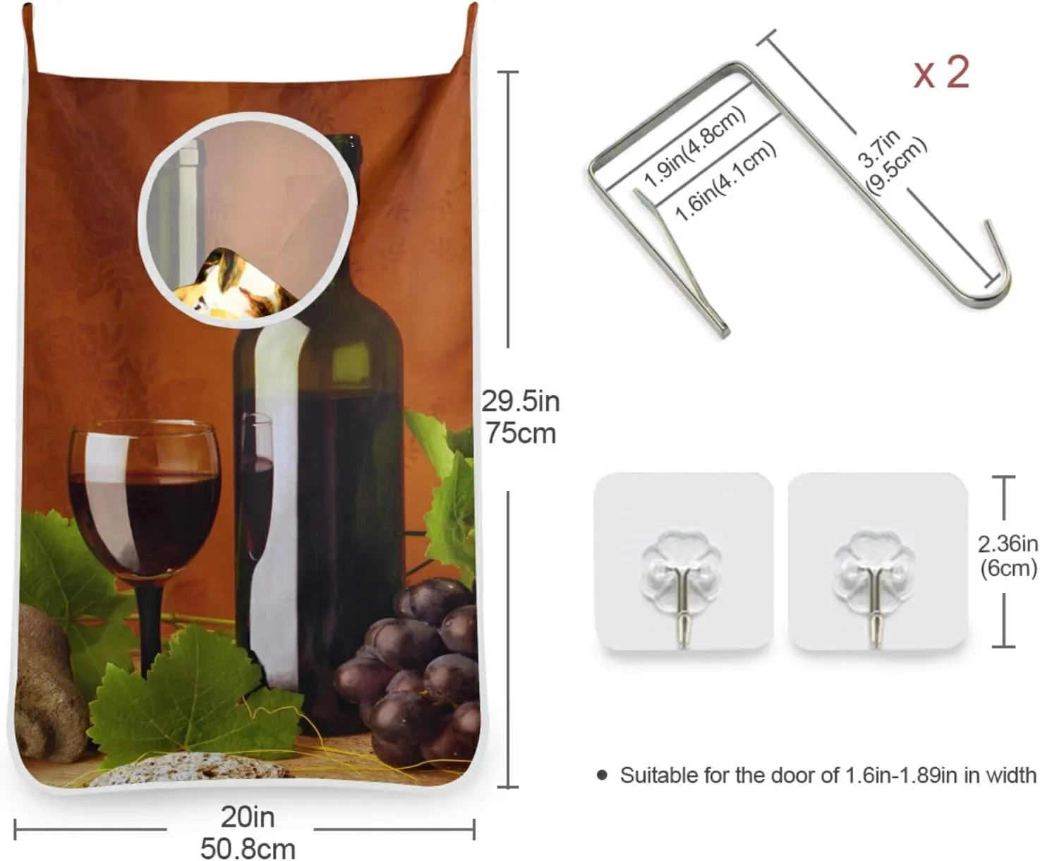 Red Wine Bottle Grapes with Green Leaves Antique Stones Retro Style Hanging Laundry Hamper Bag, Dirty Clothes Basket Bag with Hooks Bag Space Saving, For Bathroom, Bedroom, Storage, Behind Doors