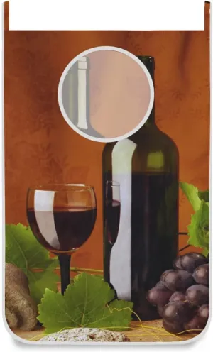 Red Wine Bottle Grapes with Green Leaves Antique Stones Retro Style Hanging Laundry Hamper Bag, Dirty Clothes Basket Bag with Hooks Bag Space Saving, For Bathroom, Bedroom, Storage, Behind Doors