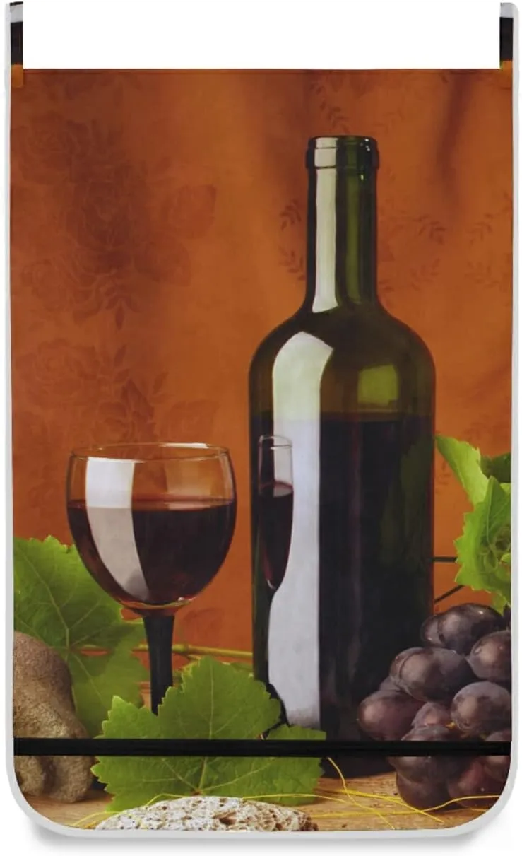 Red Wine Bottle Grapes with Green Leaves Antique Stones Retro Style Hanging Laundry Hamper Bag, Dirty Clothes Basket Bag with Hooks Bag Space Saving, For Bathroom, Bedroom, Storage, Behind Doors