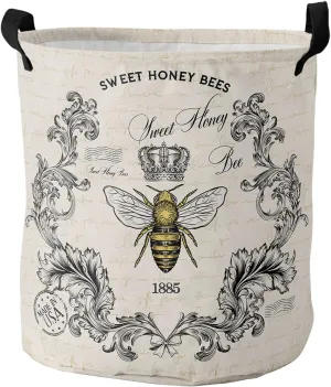 Retro Bumble Bee Crown Laundry Baskets,Sweet Honey Words Collapsible Waterproof Laundry Hamper Dirty Clothes Basket with Handle,Vintage Postmark Letter Storage Bag for Bathroom/Bedroom