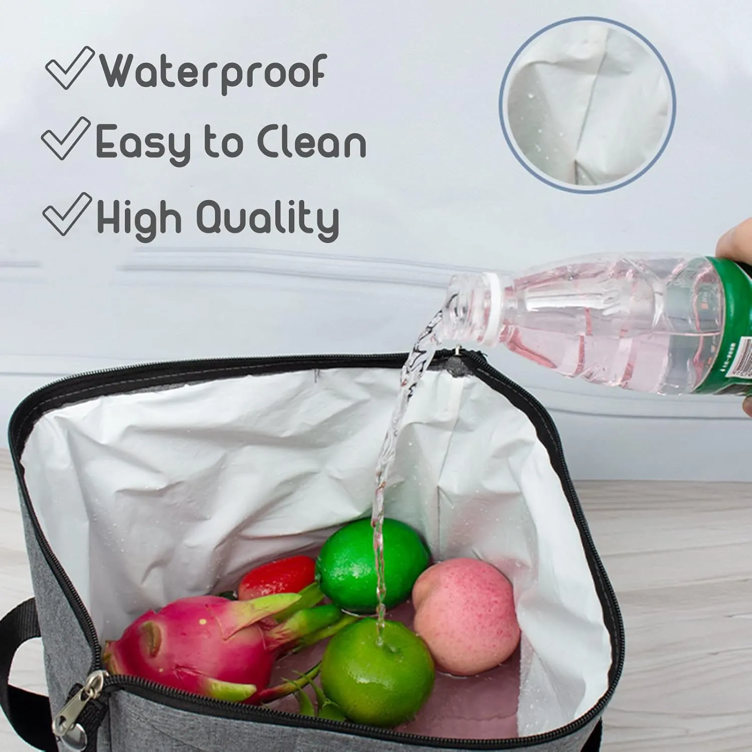 Reusable Insulated Cooler Tote Bag with Zipper for Grocery, Leakproof Thermal Shopping Bag with HD Insulation Foam, Cooler Bag for Cold Hot food, Picnic, Travel or Beach, Gray
