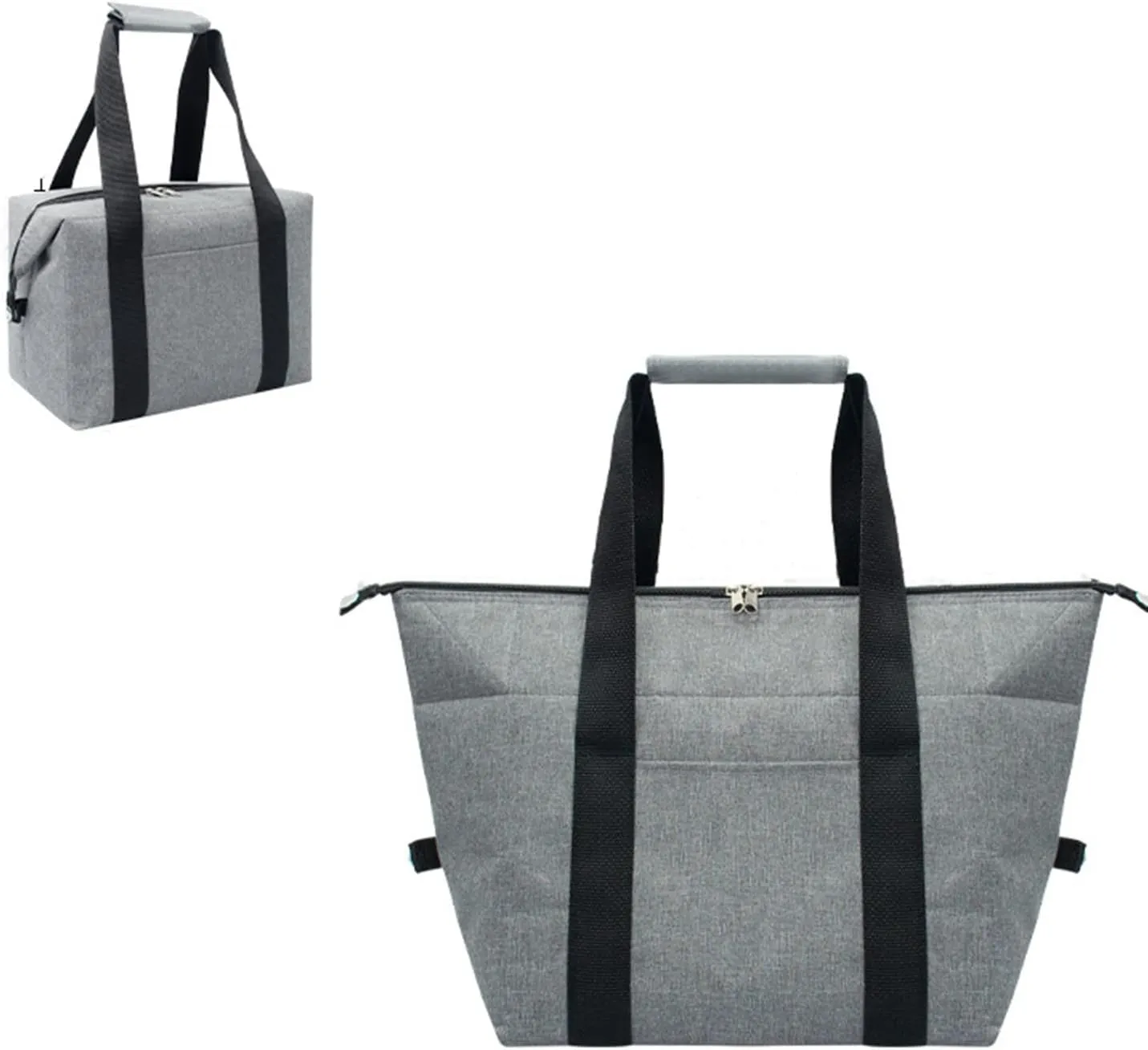 Reusable Insulated Cooler Tote Bag with Zipper for Grocery, Leakproof Thermal Shopping Bag with HD Insulation Foam, Cooler Bag for Cold Hot food, Picnic, Travel or Beach, Gray