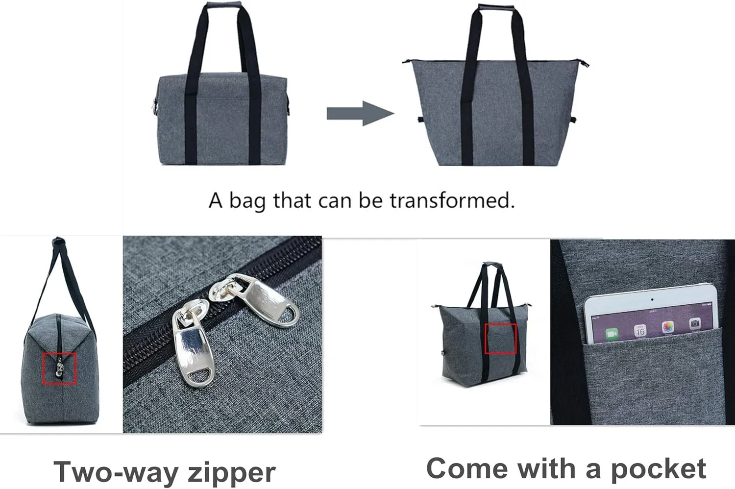 Reusable Insulated Cooler Tote Bag with Zipper for Grocery, Leakproof Thermal Shopping Bag with HD Insulation Foam, Cooler Bag for Cold Hot food, Picnic, Travel or Beach, Gray