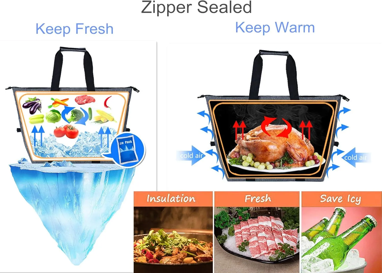Reusable Insulated Cooler Tote Bag with Zipper for Grocery, Leakproof Thermal Shopping Bag with HD Insulation Foam, Cooler Bag for Cold Hot food, Picnic, Travel or Beach, Gray