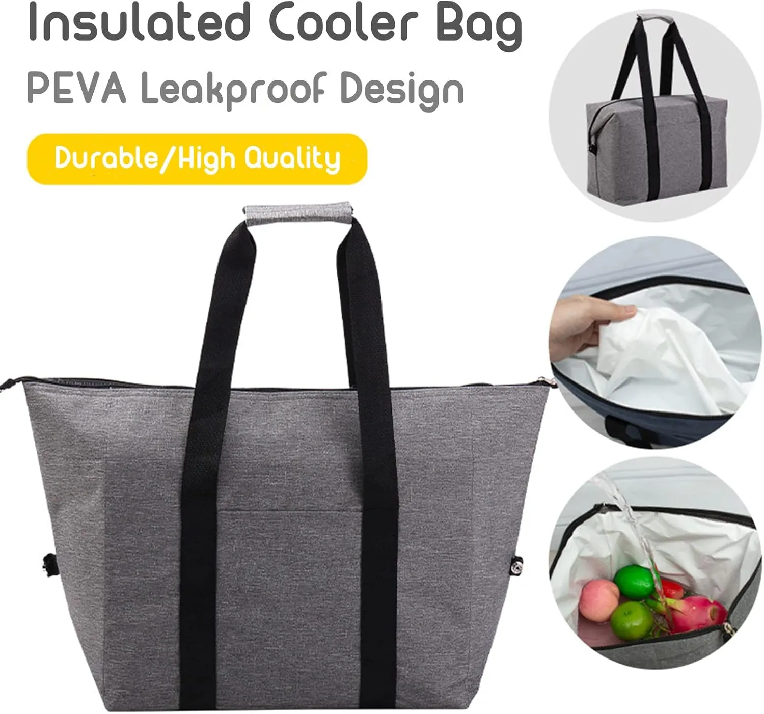 Reusable Insulated Cooler Tote Bag with Zipper for Grocery, Leakproof Thermal Shopping Bag with HD Insulation Foam, Cooler Bag for Cold Hot food, Picnic, Travel or Beach, Gray