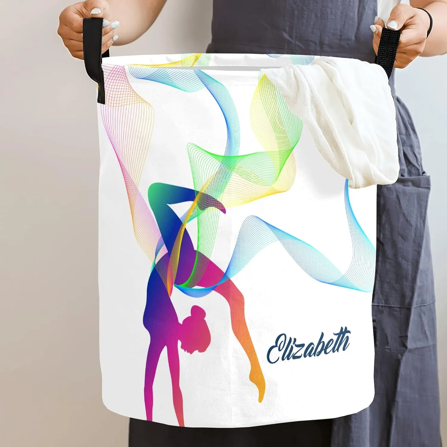 Rhytmic Gymnastics Personalized Waterproof Foldable Laundry Basket Bag with Handle, Custom Collapsible Clothes Hamper Storage Bin for Toys Laundry Dorm Travel Bathroom