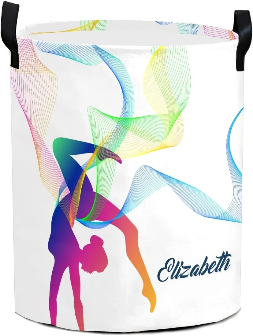 Rhytmic Gymnastics Personalized Waterproof Foldable Laundry Basket Bag with Handle, Custom Collapsible Clothes Hamper Storage Bin for Toys Laundry Dorm Travel Bathroom