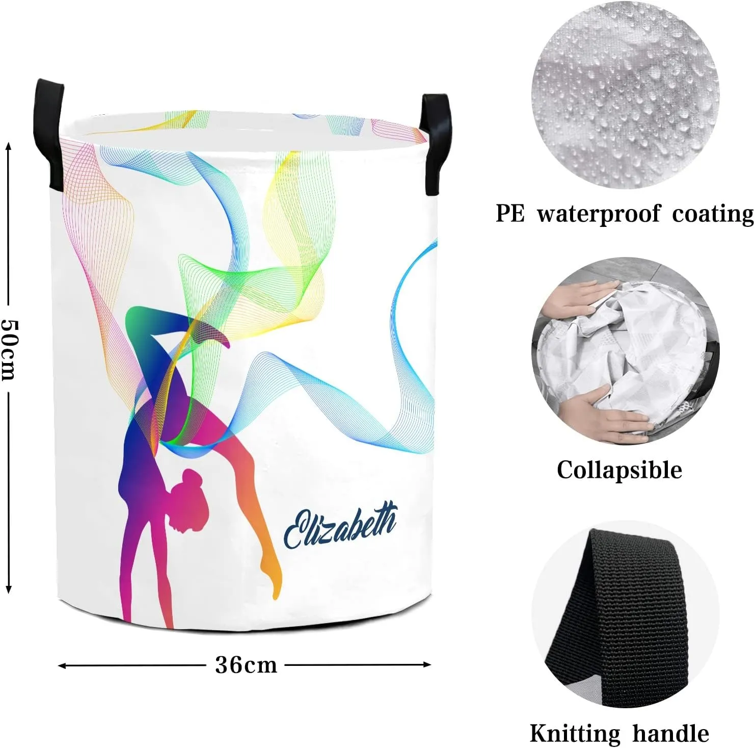 Rhytmic Gymnastics Personalized Waterproof Foldable Laundry Basket Bag with Handle, Custom Collapsible Clothes Hamper Storage Bin for Toys Laundry Dorm Travel Bathroom