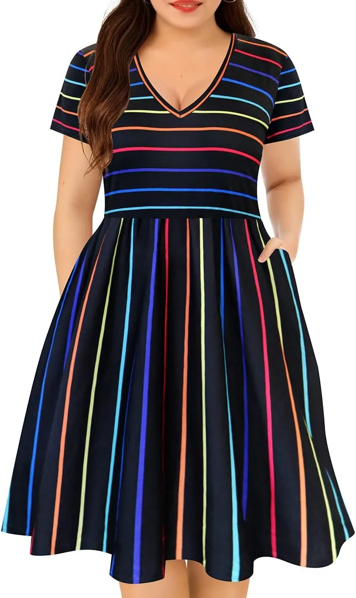 RITERA Plus Size Dresses for Curvy Women Summer Spring Womens Dress V Neck Short Sleeve Casual Dress with Pockets XL-5XL
