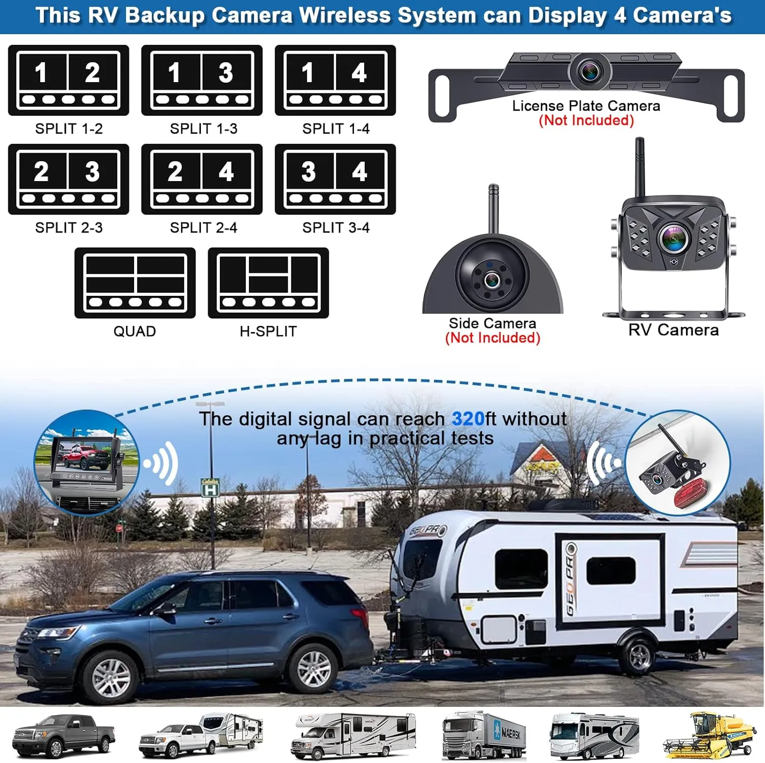 Rohent RV Backup Camera Wireless HD 1080P Waterproof Dual Antennas Digital Signals Rear View System for Trailers Trucks Motorhomes 4 Channels 7'' Touch Key DVR Monitoring Night Vision R12