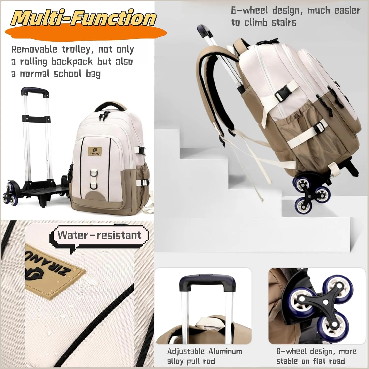 Rolling Backpack for Boys Elementary Middle School Bags, Boys Roller Backpack for Kids with 6 Wheels, Khaki