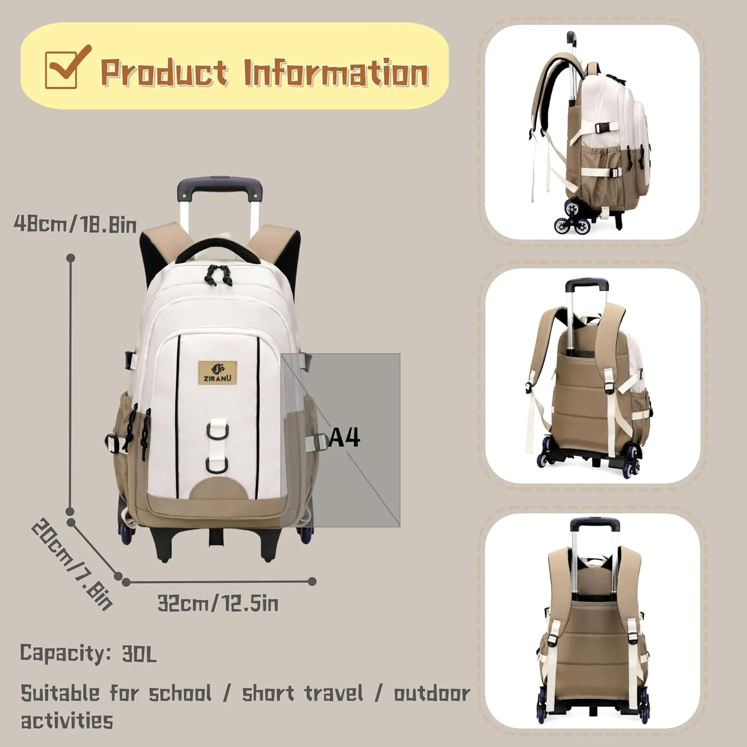 Rolling Backpack for Boys Elementary Middle School Bags, Boys Roller Backpack for Kids with 6 Wheels, Khaki
