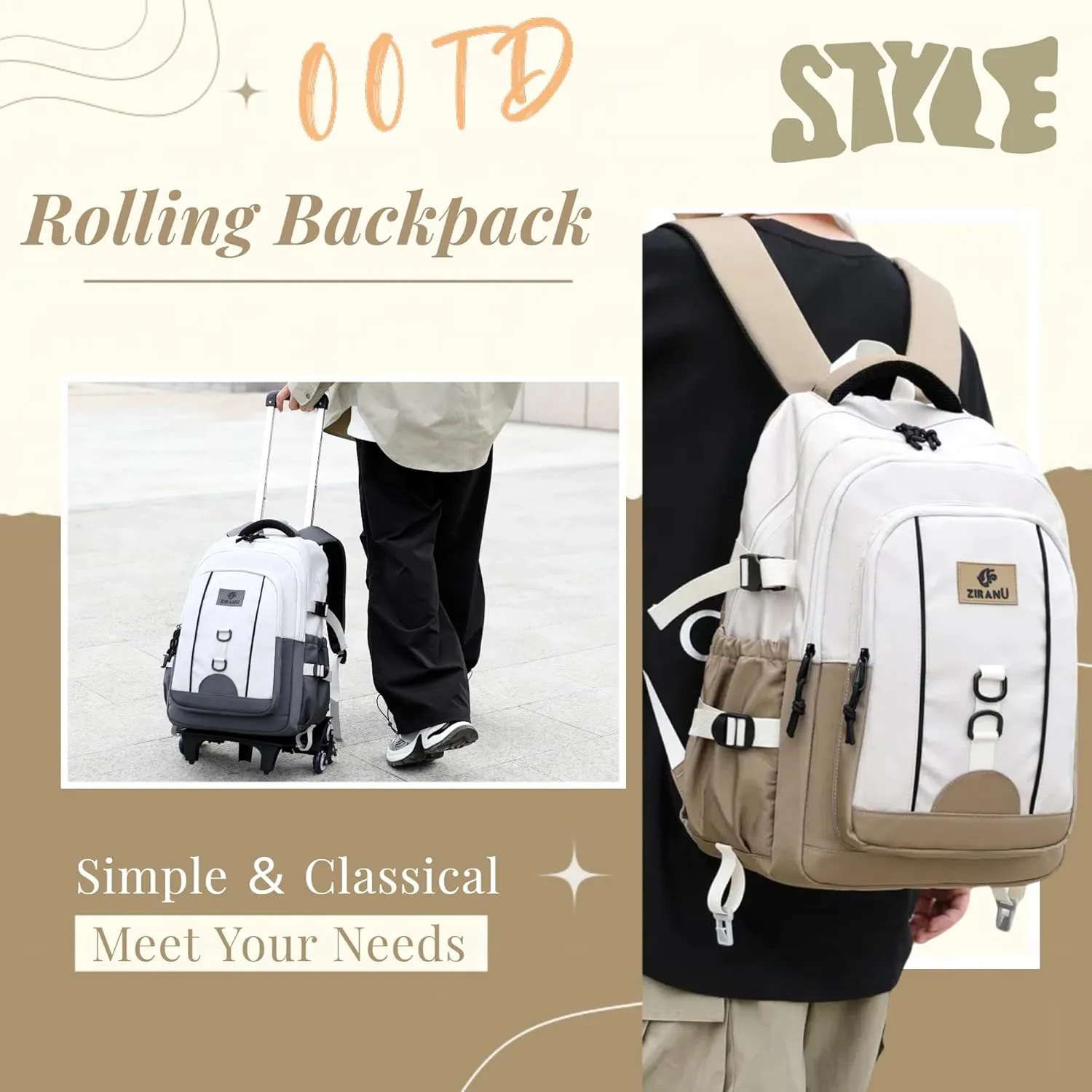 Rolling Backpack for Boys Elementary Middle School Bags, Boys Roller Backpack for Kids with 6 Wheels, Khaki