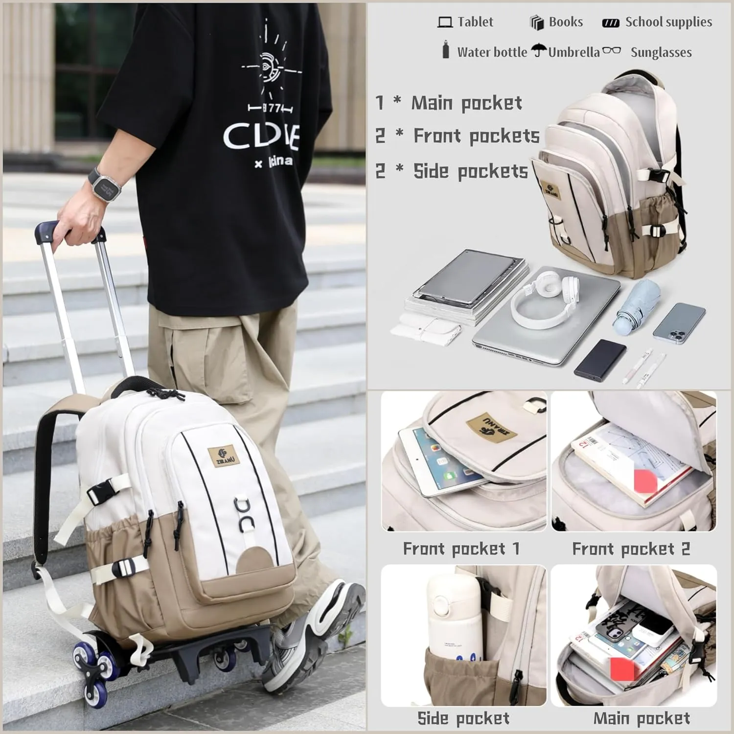 Rolling Backpack for Boys Elementary Middle School Bags, Boys Roller Backpack for Kids with 6 Wheels, Khaki