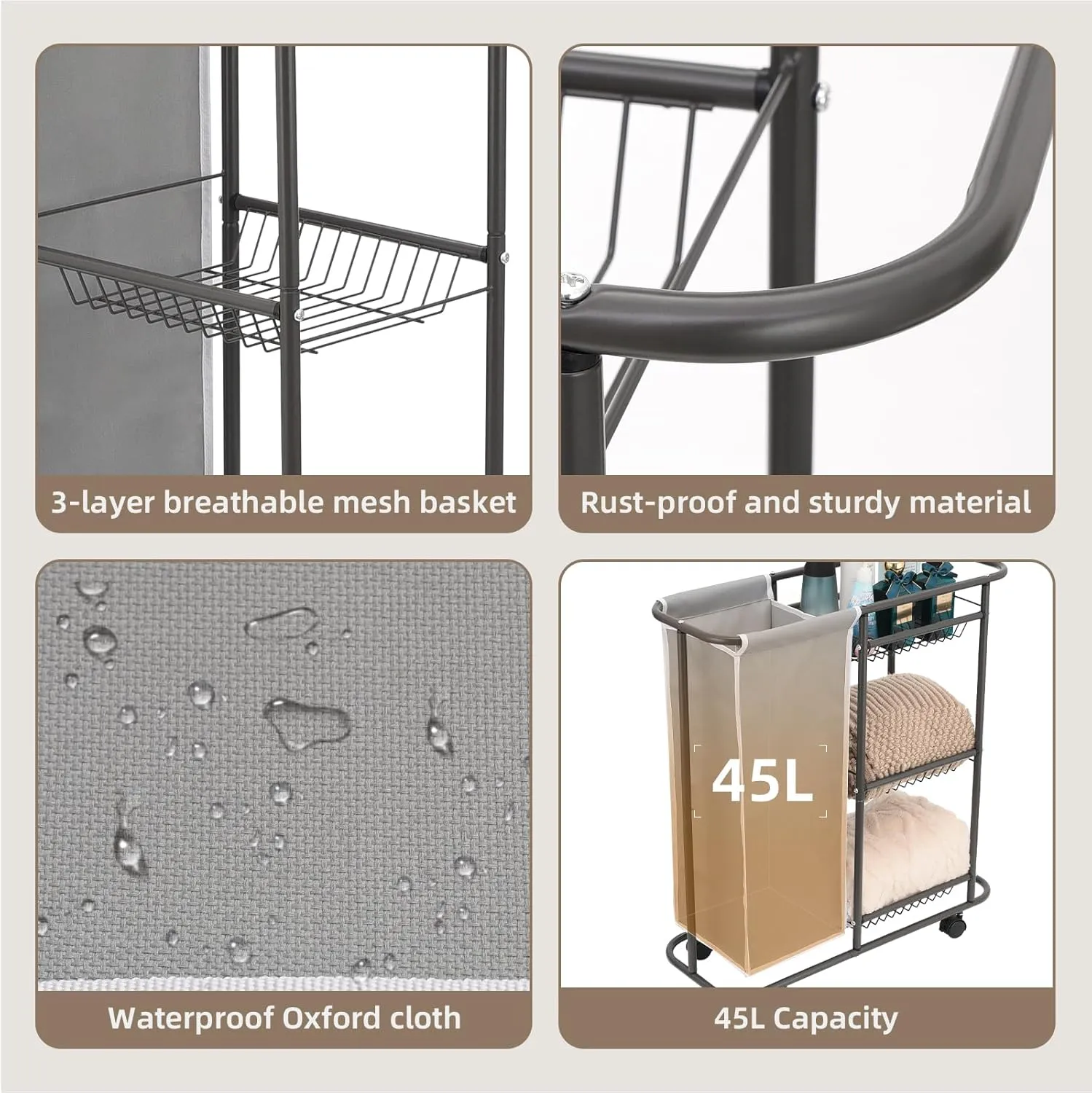 Rolling Laundry Cart with Wheels, 3-Tier Laundry Caddy Between Washer and Dryer, Heavy Duty Rolling Laundry Basket with 45L Bag for Narrow Space Laundry Room, Bathroom, Bedroom, Gray