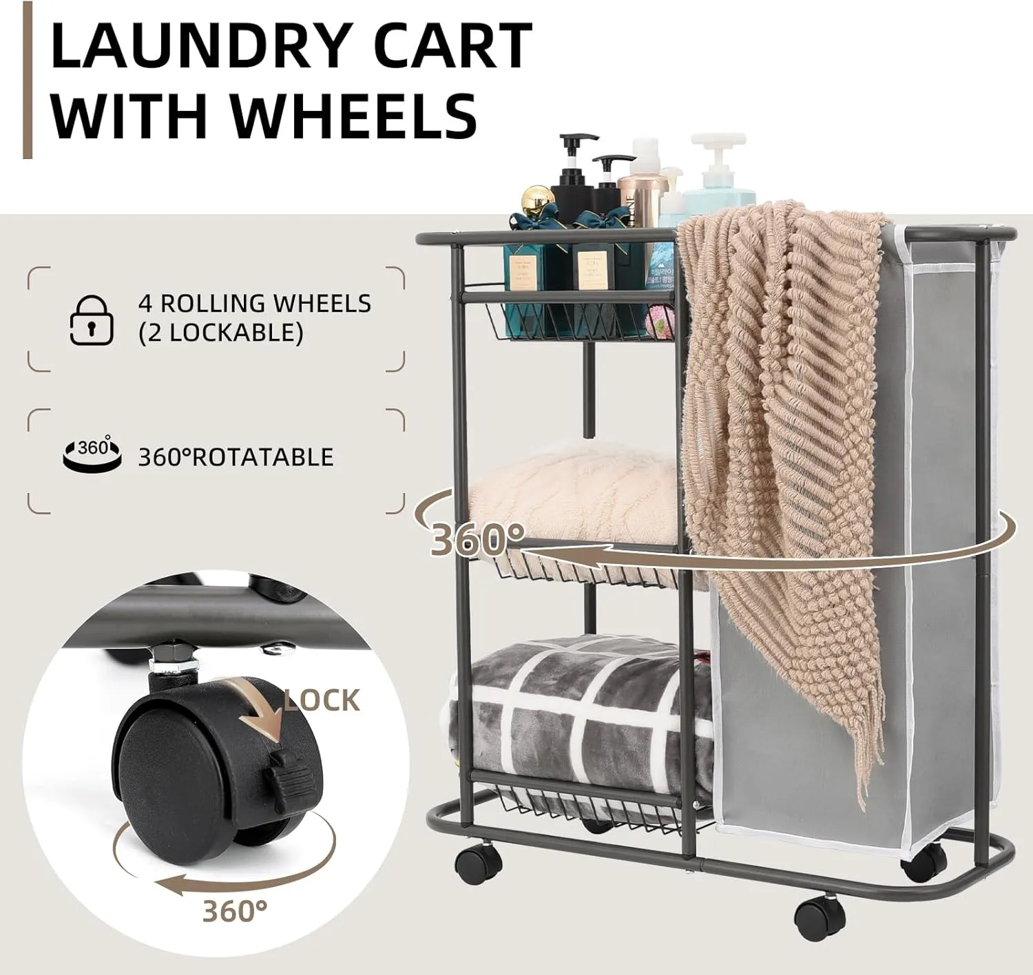 Rolling Laundry Cart with Wheels, 3-Tier Laundry Caddy Between Washer and Dryer, Heavy Duty Rolling Laundry Basket with 45L Bag for Narrow Space Laundry Room, Bathroom, Bedroom, Gray